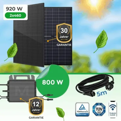 Produktbild von Balkonkraftwerk 920 W 2× 460 W N-Type TOPCon Bifacial Solarmodule & Marstek M-800 Wechselrichter 800 W, WiFi, APP, Bluetooth, Plug & Play