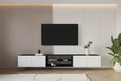 Produktbild von ALTDECOR TV-Schrank NOA-2-W mit Gefrästen Fronten 3x100x40x40 Lowboard hängend, TV Möbel, TV Cabinet, Fernsehtisch, Fernsehschrank, TV Kommode, TV Tisch, TV Sideboard, TV Board - Schwarz / Weiß