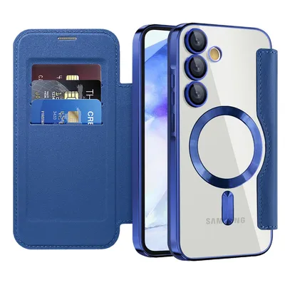 Image de Etui pour Samsung Galaxy A55 compatible avec MagSafe, étui transparent avec porte-cartes, étui en cuir avec protection de l'appareil photo bleu