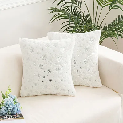 Produktbild von 2er Set Plüsch Kissenbezug 45 x 45 cm Silber Schneeflocke Dekokissen Kissenhülle, Weiß