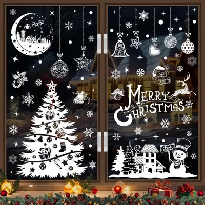 Produktbild von 202 Fensterbilder Weihnachten Selbstklebend PVC Weiß Schneeflocken Weihnachtsmann Rentiere
