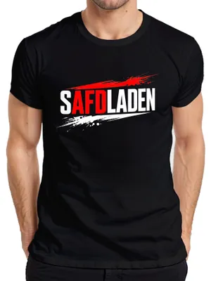 Zdjęcie produktu dla Koszulka męska "SAFDLADEN", krytyka polityki AfD, satyra, humorystyczne hasło, sarkazm, kolor: czarny, rozmiar: 3XL