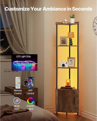 Image de Étagère d'angle avec 5 niveaux et lumière LED - Support d'angle avec portes et cadre métallique - Étagère de présentation Étagère de stockage avec étagères en bois - Étagère sur pied Bibliothèque d'exposition pour chambre à coucher Salon Bureau - Marron