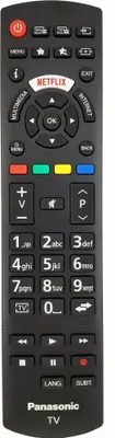 A black remote control for a Panasonic TV is shown against a white background.
