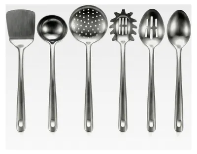 Produktbild von Küchenhelfer-Set 6-teilig aus Edelstahl – Pfannenwender, Suppenkelle, Pastalöffel, Sieblöffel, Schlitzlöffel und Kochlöffel – hitzebeständig und pflegeleicht