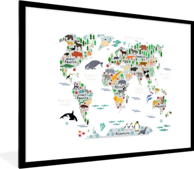 Produktbild von MuchoWow® MuchoWow® Gerahmtes Poster Weltkarte - Kinder - Tiere - Pflanzen 80x60 cm - Poster mit zchwarzem Bilderrahmen - Schlafzimmer-Dekorationen - Fotoposter