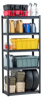 Image de Étagère de rangement - Étagère pour garage - Étagère à outils - Étagère pour cave - Étagère pour atelier - 5 niveaux, noire - Capacité de charge : 907 kg