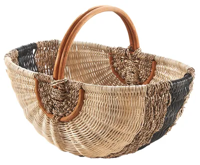 A woven basket with a handle, presented against a white background.