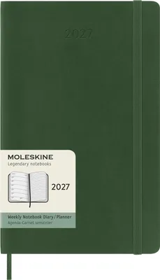 Produktbild von Moleskine Wochenkalender für 12 Monate, 2027, Format Large/A5, 1 Woche = 1 Seite, rechte Seite mit Linien, weiche Einbandausführung, Myrtegrün