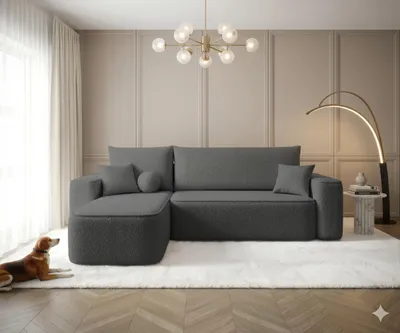 Image de Canapé d’angle TEXAS gauche gris foncé bouclé Quelle 92 - fonction couchage, coffre de rangement pour la literie