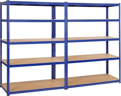 A blue metal shelving unit with wooden shelves against a white background.