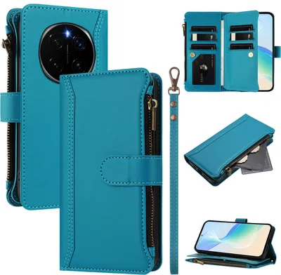Immagine prodotto di Custodia per Honor Magic7 Pro, con cerniera, portafoglio, custodia flip in Finto cuoio con tasche per carte, supporto e passante per mani Lake blu