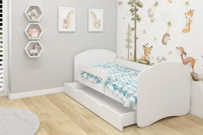 Produktbild von ACMA II Jugendbett Kinderbett Junior-Bett Komplett-Set mit Matratze Lattenrost und Rausfallschutz Weiß / Weiß 160x80 cm + Bettkasten
