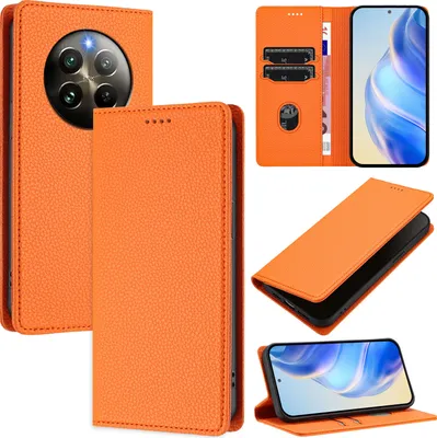 Obrázek produktu pro Kožené pouzdro pro Realme 13 4G/Realme 12+/Realme Narzo 70, Litschi kůže, peněženkové pouzdro s přihrádkami na karty a stojánkem Pomerančový