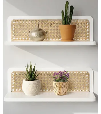 Immagine prodotto di Set di 2 mensole a muro bianche in stile boho, larghezza 40 cm, con decorazioni in rattan