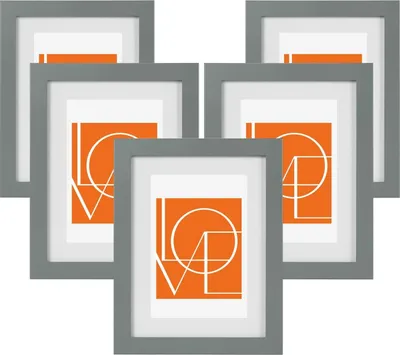 A set of five grey picture frames arranged in a staggered pattern against a white background.