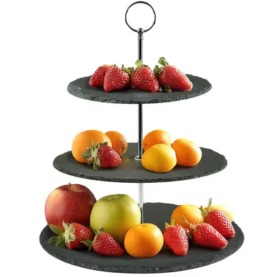 Produktbild von 3-Etagen Etagere aus Schiefer & Edelstahl (30x32 cm) - Eleganter Servierständer für Obst, Kuchen, Tapas & Buffet - Stilvolle Tischdeko