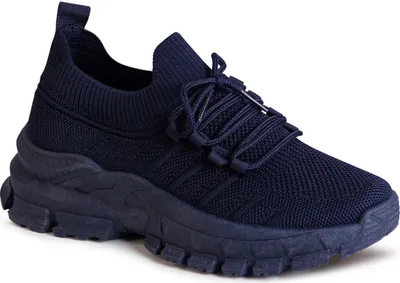 A single navy blue sneaker is shown against a white background.