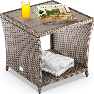 Image de Casaria Table d'appoint en polyrotin Beige plateau de table en WPC 45x45x40cm table jardin balcon réglable en hauteur
