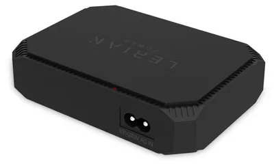 A black power adapter is shown on a white background.