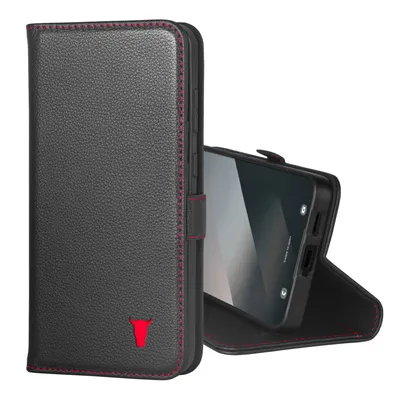 A black leather phone case with red stitching and a red bull logo is shown open, with a smartphone inside.