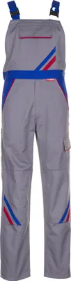 A pair of grey overalls with blue and red accents.