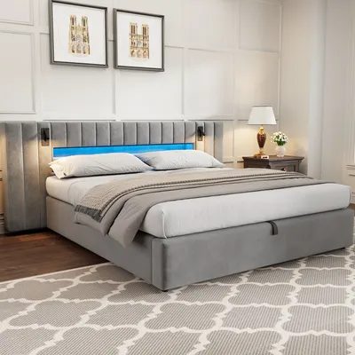 Produktbild von MODFU Polsterbett 180 x 200 cm mit Bettkasten und USB-Anschluss,Funktionbett mit LED-Beleuchtung,Bettgestell ohne Matratze,grau