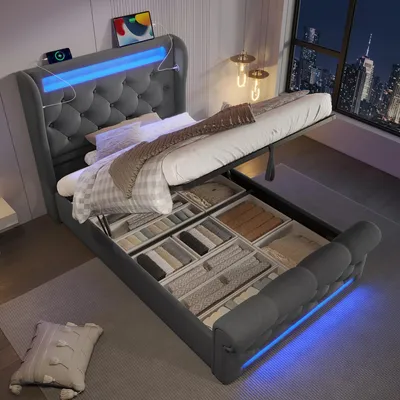 Image de okwish Lit rembourré 90x200 pour jeunesse avec coffre et tête de lit fonctionnelle, lit simple avec éclairage LED, ports USB & Type‑C, sans matelas, gris