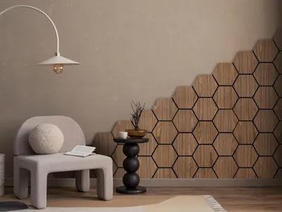 Imagen del producto de Panel acústico de madera, hexagonal, para pared, con dimensiones de 65,5 x 53,5 x 1,8 cm, con acabado en roble