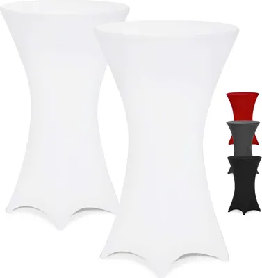 Produktbild von DETEX® Stehtisch Hussen Ø 80-85cm Weiß 2er Set Rund 30°C Waschbar Verstärkte Standfüße Knitter- & Bügelfrei Stretch Stehtischhusse Hochzeit Party Deko