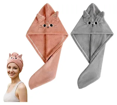 Produktbild von 2er Set Haarturban mit Katzenmotiv in Grau und Rosa