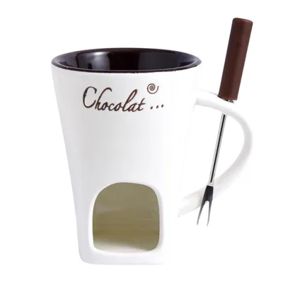 Produktbild von 130ml Schokofondue Tasse mit Gabel für Schokolade Käse Butter Karamell, Weiß