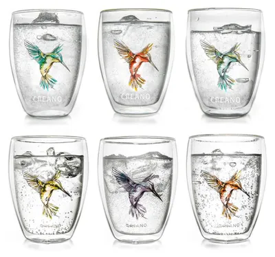 Produktbild von Creano doppelwandige Gläser Hummi, Latte Macchiato, Thermoglas mit Kolibri im 6-er Set, 250 ml, in den Farben blau, rot, grün, orange, lila, gelb Thermogläser