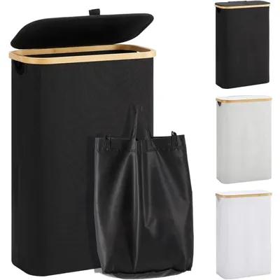Produktbild von Wäschekorb mit Deckel 48L schmal faltbar Bambus Schwarz 40x20x60cm