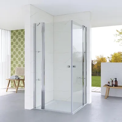 Produktbild von Eckeinstieg Duschkabine 115 x 120 cm – Doppeltür mit Festteilen, 5 mm ESG-Sicherheitsglas Duschabtrennung, Breite wählbar (Verstellbereich)