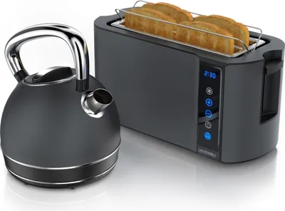 Produktbild von Arendo Frühstücks-Set, Wasserkocher Edelstahl 1,7l, 4 Scheiben Langschlitztoaster, 4 Scheiben Toaster, Frühstücksset, Wasserkocher Retro, 2200W, Brötchenaufsatz, Cool Grey