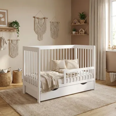 Produktbild von Weiß Babybett,Gitterbet mit Shublade 120x60cm, Umwandelbar in EIN Schlafsofa mit Sicherheitsbarriere, Traditionell, KI-generiertes Bild