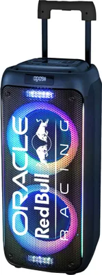 A portable speaker with lights and branding.