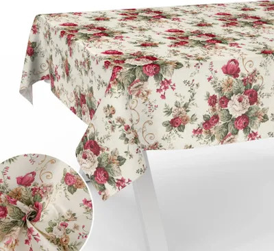 Produktbild von Tischdecke Blumenstrauß mit Blumen Botanik aus Stoff Tischwäsche mit Beschichtung Tischtuch Barock Beige Breite 140cm Länge 180cm mit Schnittkante