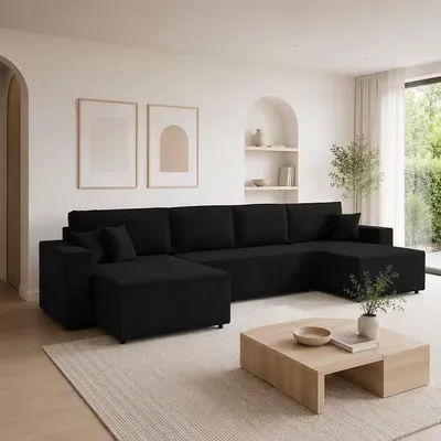Produktbild von GOLDSTOFF Amalia U-Sofa mit Schlaffunktion Bettkasten – Ecksofa U Form mit Cord-Bezug 330x147 & Komfort-Polsterung | Schlafsofa mit Stauraum Schwarz