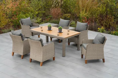 Produktbild von Merxx Gartenmöbelset "Avellino" 7tlg. mit Ausziehtisch 180/240 x 100 cm, inkl. Kissen - Aluminiumgestell mit Kunststoffgeflecht Steinbeige und Akazienholz
