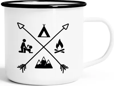 Produktbild von Emaille Tasse Becher Outdoor Design Camping Symbole lustig Travelling Trekking Kaffeetasse Moonworks® weiß-schwarz Emailletasse