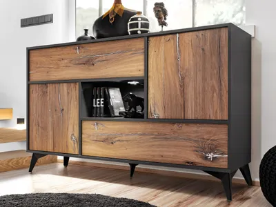 Produktbild von Komodee, Kommode Buffet Orvieto 4D, Eiche/Anthrazit, Breite 89cm x Höhe 149,5cm x Tiefe 40cm, LED, für Wohnzimmer, Schlafzimmer