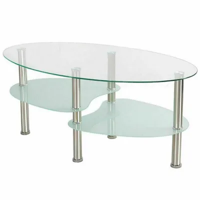 Produktbild von Glastisch Oval Edelstahl 90x50x42 cm，2 Ebenen Hartglas Wohnzimmertisch Modern Minimalistisch Pflegeleicht Stabil für Wohnzimmer & Essbereich