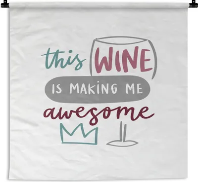 Produktbild von MuchoWow® Wandteppich Wandbehang Zitat "Dieser Wein macht mich geil" mit weißem Hintergrund 120x120 cm Tapisserie Dekoration Wandtuch - Modern - Baumwollgewebe