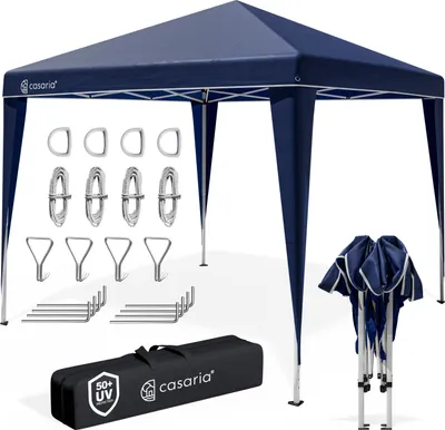 A blue pop-up canopy tent with accessories laid out around it, including ropes, stakes, and a carrying bag.