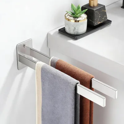 Immagine prodotto di Portasciugamani adesivo, 40 cm, acciaio inossidabile 304, argento, doppio, autoadesivo, senza foratura, per bagno o cucina