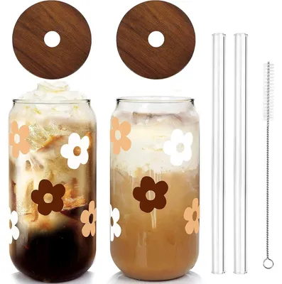 Productafbeelding van Glazen bekers met deksel en rietjes, 590 ml, set van 2, met bloemenmotief