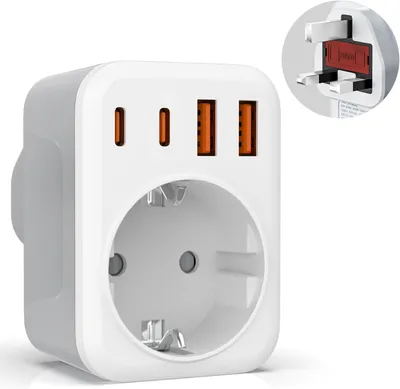 Produktbild von Adapter für Großbritannien und Deutschland – 5-in-1 Reiseadapter für Großbritannien mit 2 USB-C- und 2 USB-A-Anschlüssen