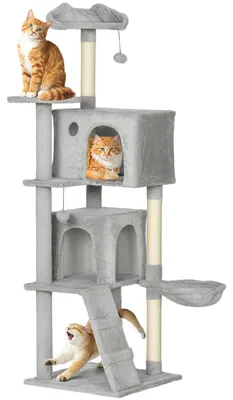 Immagine prodotto di SunvelloAlbero Tiragraffi per Gatti con 2 Casette, Amaca, Lettino e Pali in Sisal, 48x48x160 cm, Grigio